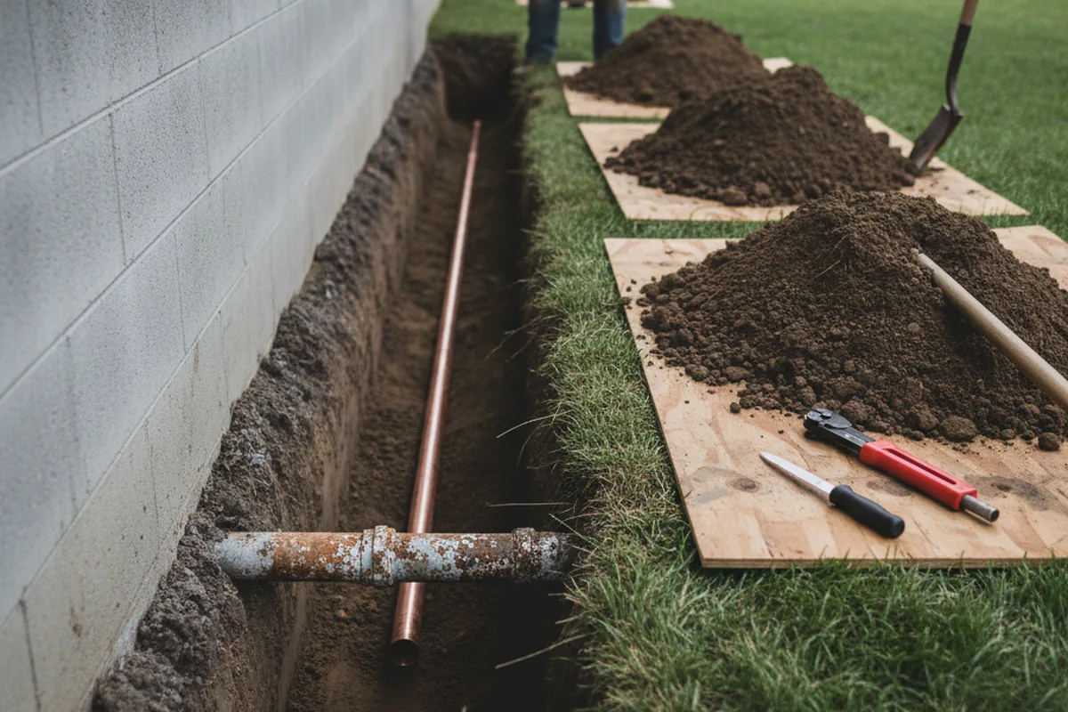 Excavated water line trench during Water Softener Installation in Wood River